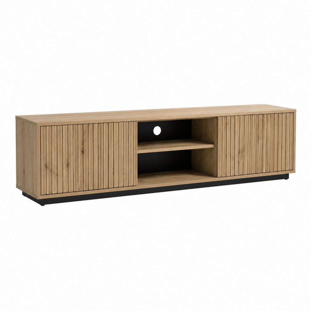 Meuble TV 180 cm en MDF plaqué chêne naturel avec portes coulissantes et passe-câbles