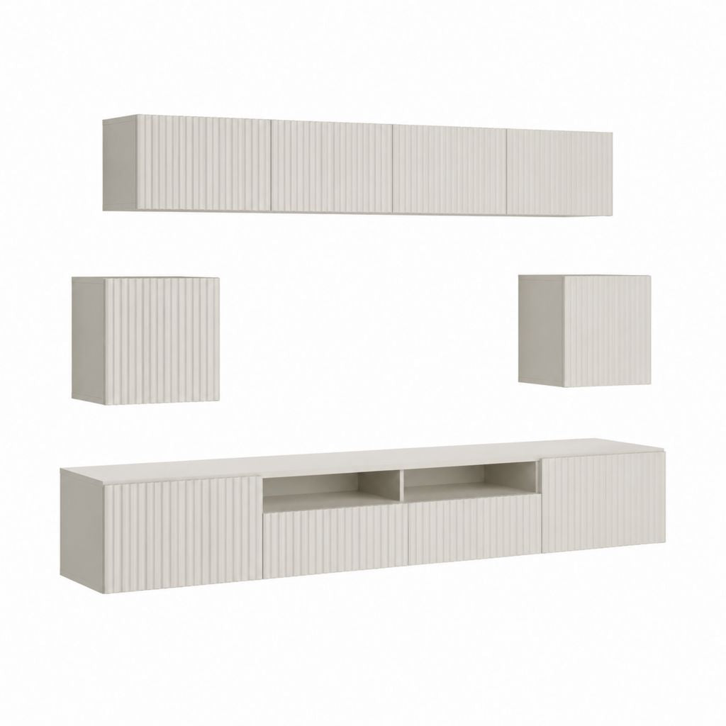 Ensemble mural meuble TV 4 éléments beige clair en panneaux de particules et MDF rainuré meuble bas 180 x 40 x 45 cm