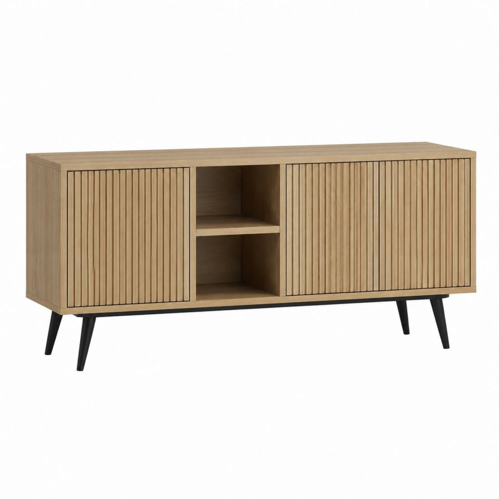 Meuble TV 140 cm chêne clair et noir en MDF rectangulaire avec 2 portes