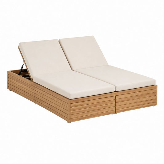 Bain de soleil double réglable beige en bois d'acacia massif 200 x 120 x 30 cm