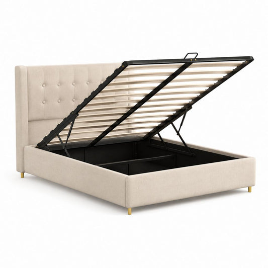 Lit coffre rectangulaire 160 x 200 cm beige en polyester avec tête de lit capitonnée et sommier relevable