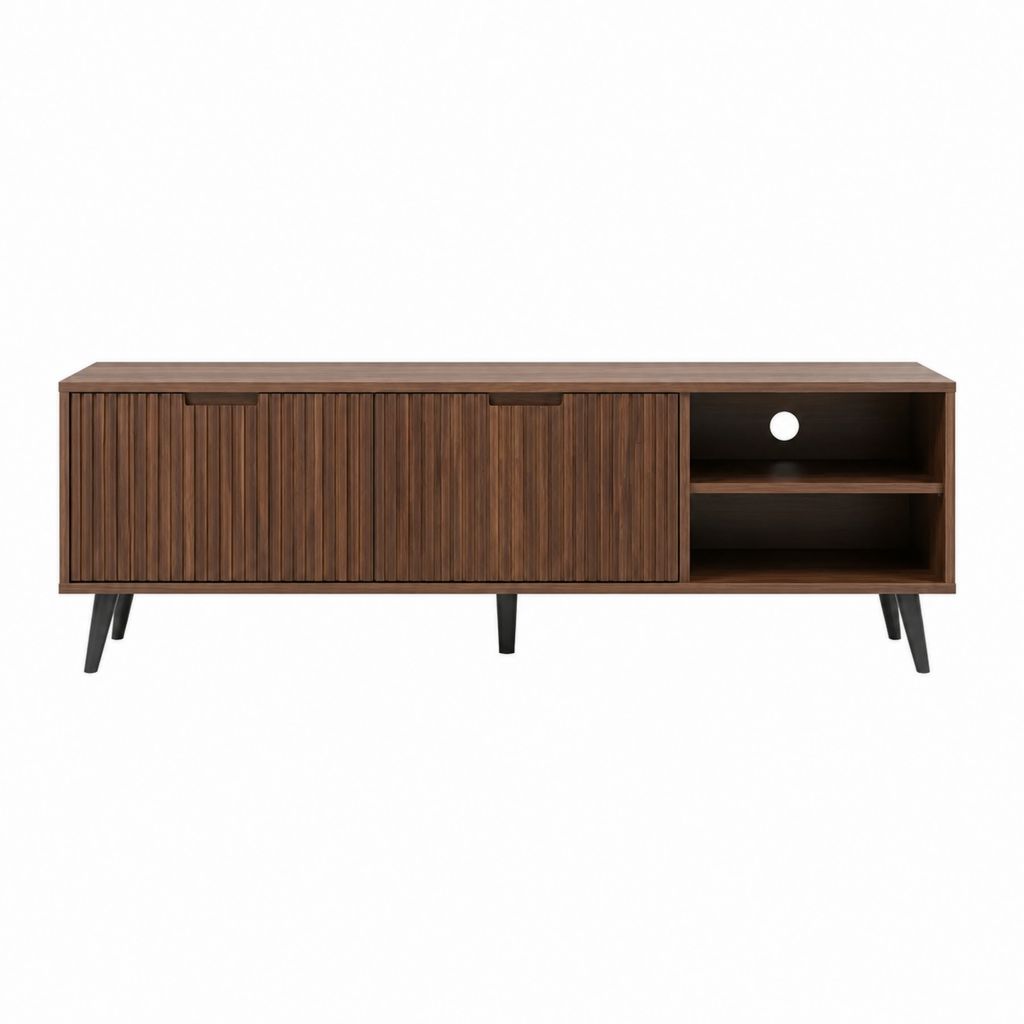 Meuble TV 160 cm brun noyer en MDF rectangulaire avec 2 portes et 2 niches