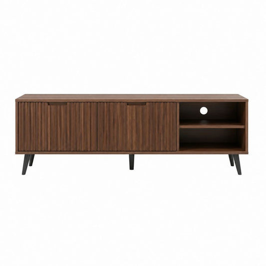 Meuble TV 160 cm brun noyer en MDF rectangulaire avec 2 portes et 2 niches