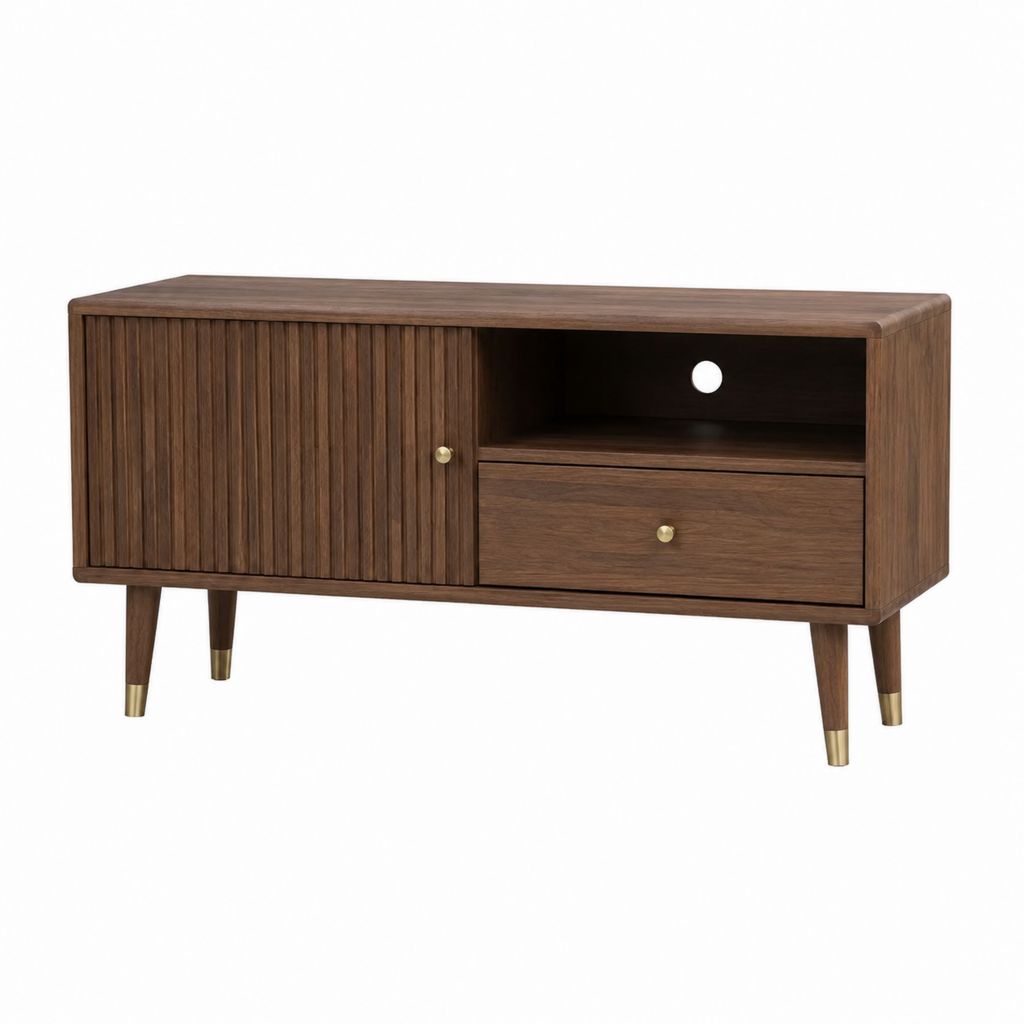 Meuble TV en panneaux MDF décor noyer avec porte coulissante et tiroir 120 x 40 x 65 cm