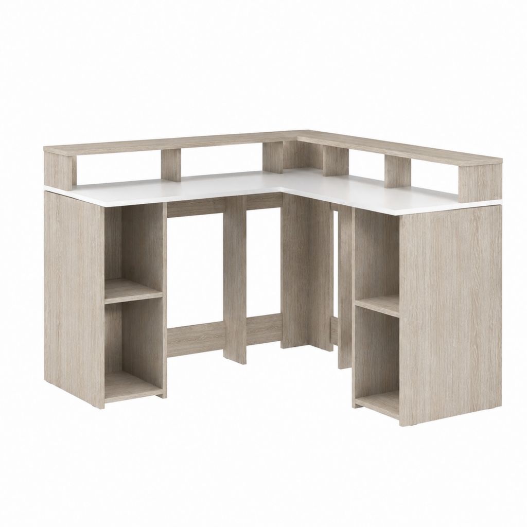 Bureau d'angle de réception avec comptoir blanc et chêne clair en panneaux de particules mélaminés 120 x 120 x 110 cm