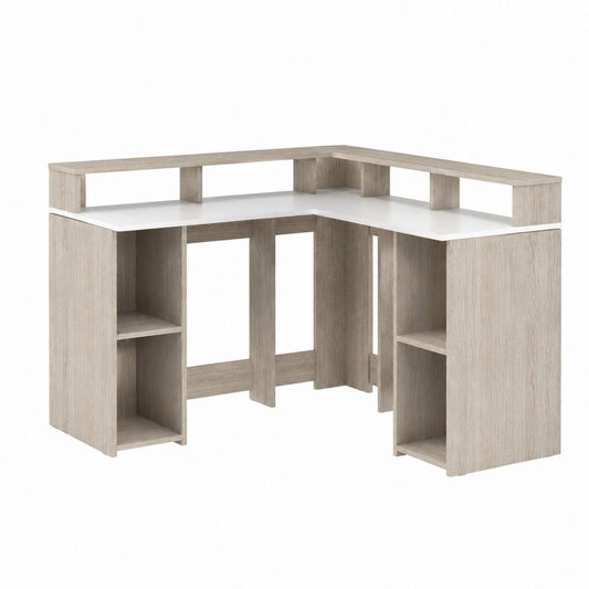 Bureau d'angle de réception avec comptoir blanc et chêne clair en panneaux de particules mélaminés 120 x 120 x 110 cm