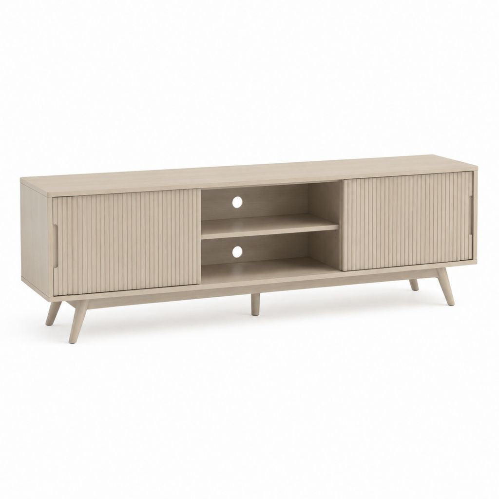 Meuble TV 180 cm beige en panneaux MDF avec 2 portes coulissantes et 2 niches
