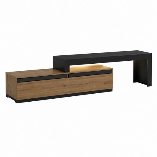 Meuble TV rectangulaire 200 x 40 x 70 cm chêne et noir avec rangements et éclairage LED