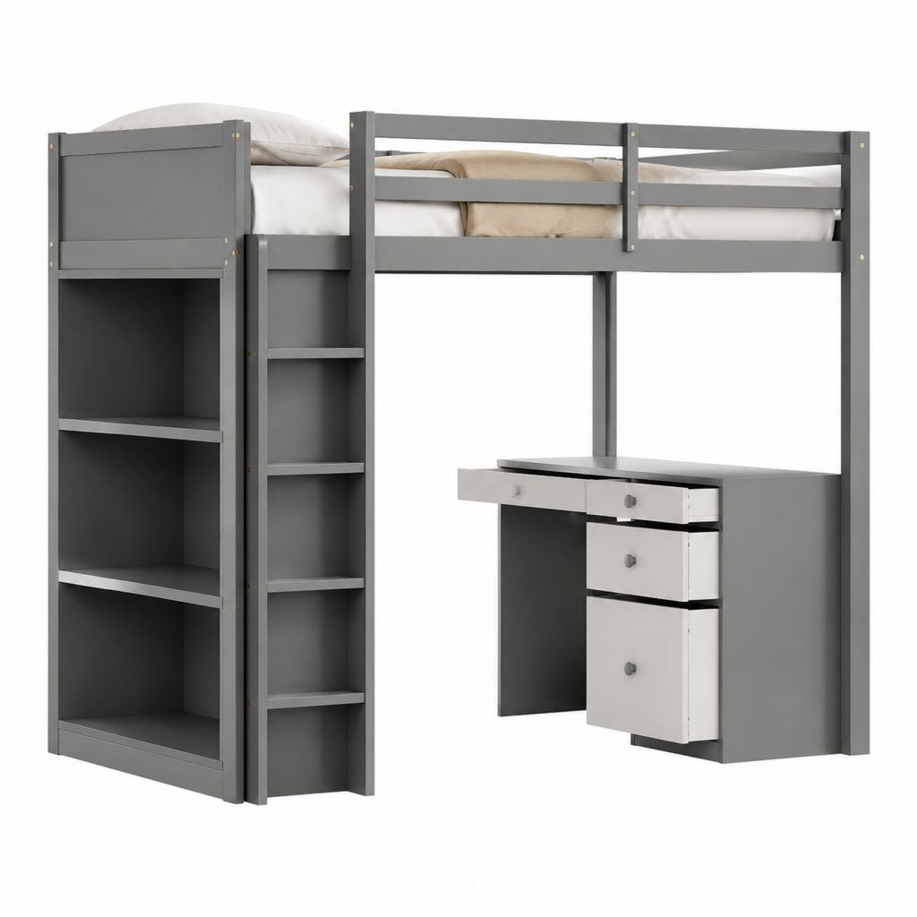 Lit mezzanine enfant droit 90 x 200 cm gris en pin massif avec bureau bibliothèque et rangements