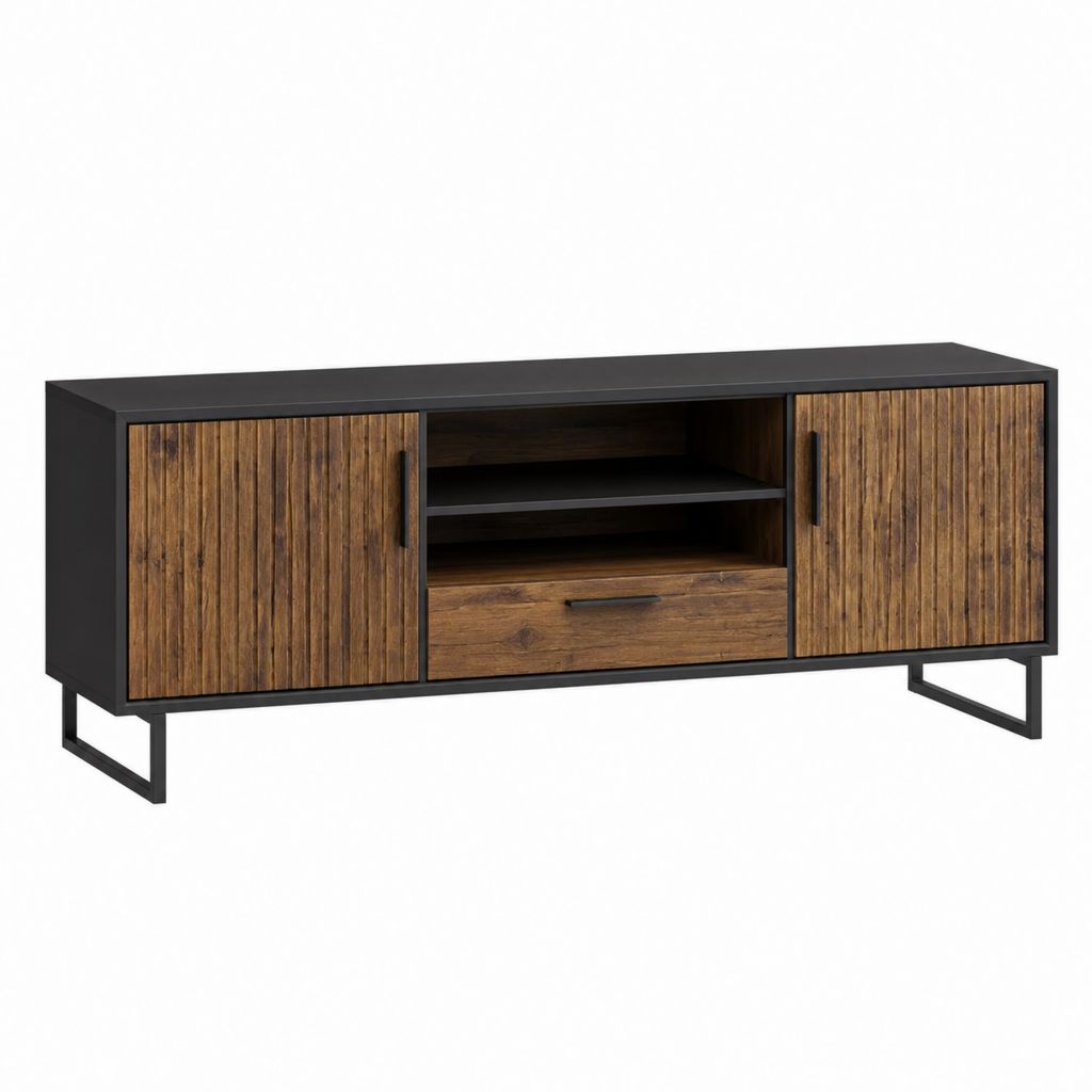 Meuble TV avec rangement noir et brun en panneaux de particules et acier rectangulaire 160 x 40 x 60 cm