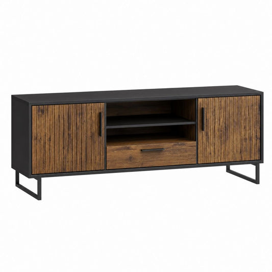 Meuble TV avec rangement noir et brun en panneaux de particules et acier rectangulaire 160 x 40 x 60 cm