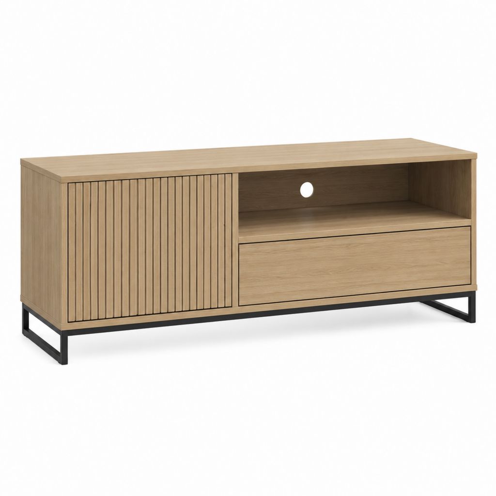 Meuble TV rectangulaire chêne clair en panneaux de particules 140 x 40 x 60 cm avec porte rainurée tiroir et niche
