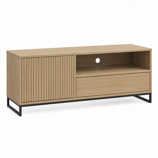 Meuble TV rectangulaire chêne clair en panneaux de particules 140 x 40 x 60 cm avec porte rainurée tiroir et niche