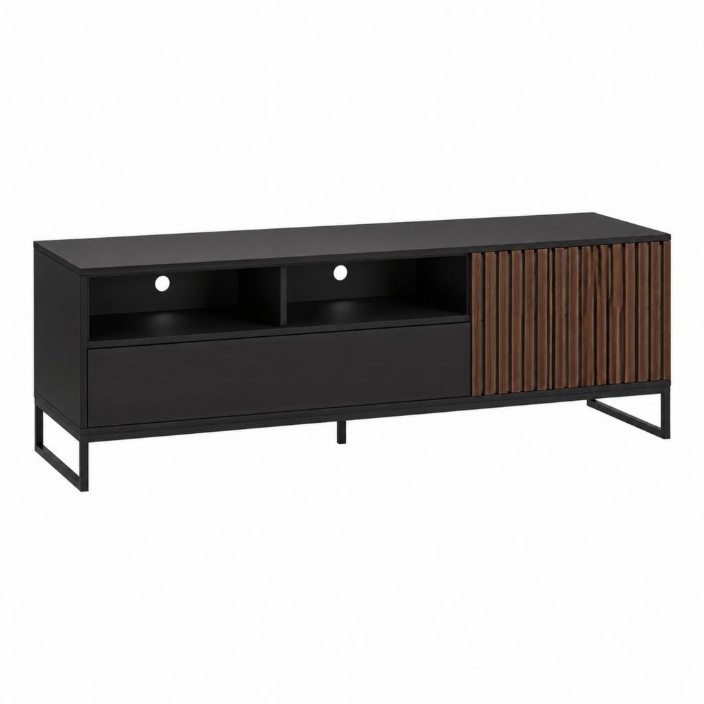 Meuble TV 160 cm noir et noyer en panneaux de particules avec rangement et passe-câbles