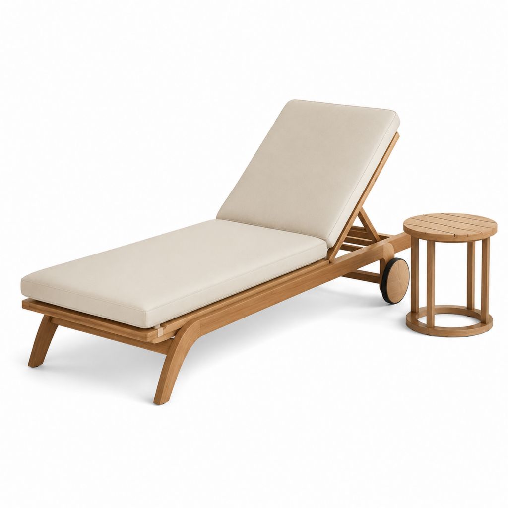 Ensemble bain de soleil à roulettes et table d'appoint beige en teck massif 200 x 70 cm avec table Ø 45 x 50 cm