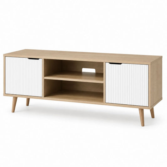 Meuble TV chêne clair et blanc en panneaux de particules 140 x 40 x 60 cm avec 2 portes et 2 niches