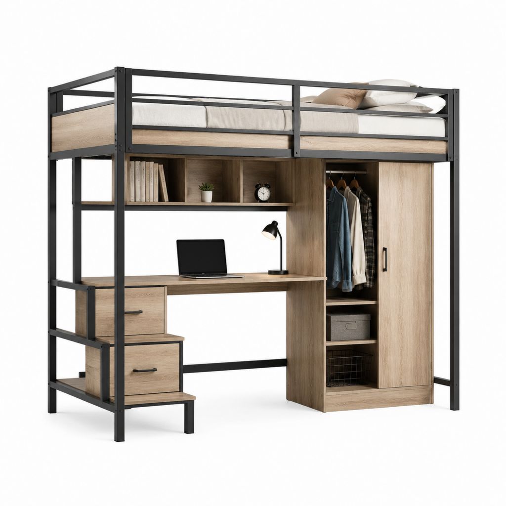 Lit mezzanine 90 x 190 cm avec bureau rangement et penderie noir et chêne en acier et panneaux de particules