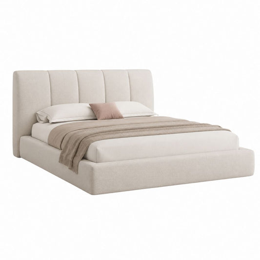 Lit coffre 160 x 200 cm beige en polyester avec tête de lit capitonnée