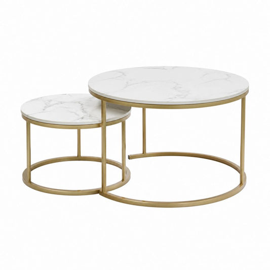 Lot de 2 tables d'appoint rondes blanches effet marbre en MDF et acier doré Ø 80 cm et Ø 60 cm