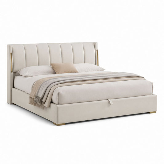 Lit coffre 160x200 cm beige en polyester avec tête de lit capitonnée