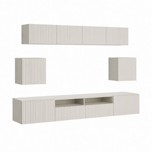 Ensemble mural meuble TV 4 éléments beige clair en panneaux de particules et MDF rainuré meuble bas 180 x 40 x 45 cm