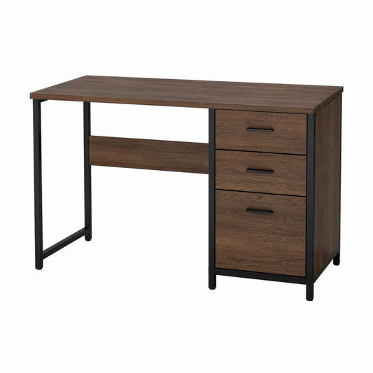 Bureau droit avec 3 tiroirs brun noyer et noir en panneaux de particules 120 x 60 x 75 cm